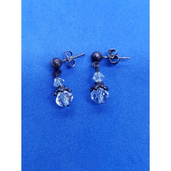 Vintage cut Clear Crystal Bead Drop Earrings Sterling Silver Post Studs - Picture 3 of 5